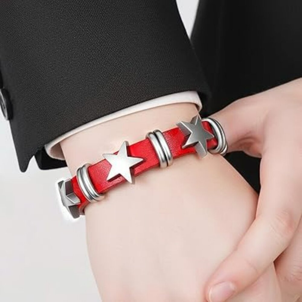 Leather Bracelet with Silver Stars Red Studded Punk Rock